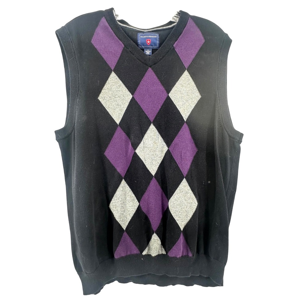 Saddlebred Mens Argyle Sweater Vest Purple Grey Black 100% Cotton V-Neck Size M